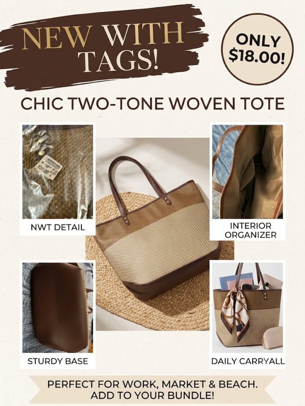 NWT Two-Tone Brown Woven Tote Bag Shoulder Bag